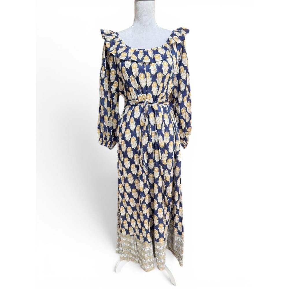 Clara The Label Maxi Dress M Blue Yellow Block Print Boho Cottagecore Cotton NWT